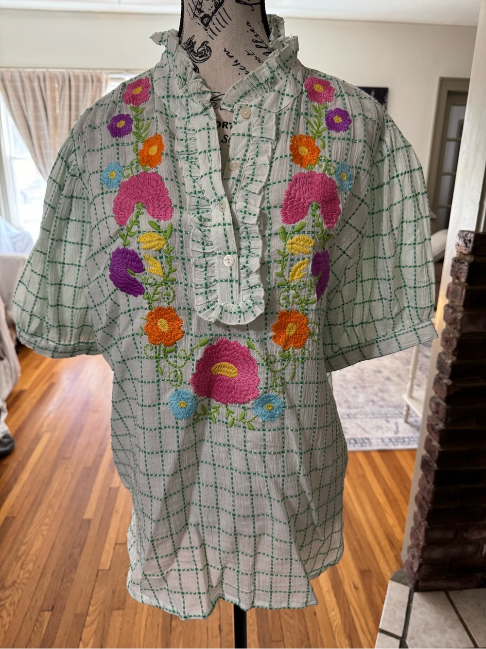 Embroidered Green Check Ruffle-Neck Blouse